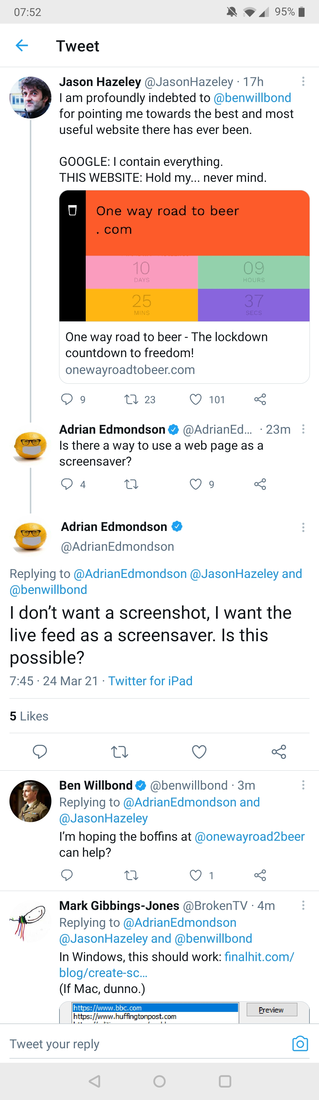 A screenshot of a tweet where Adrian Edmondson was asking how he can turn the site into a screensaver
