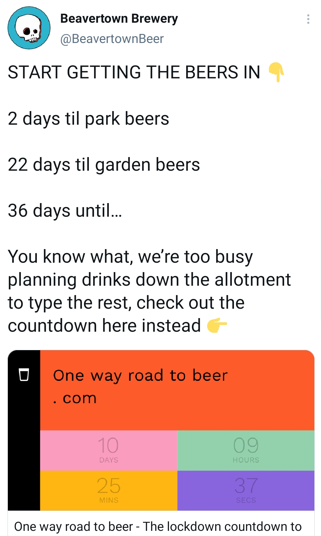 A tweet from Beavertown - Start getting the beers in - linking to onewayroadtobeer.com