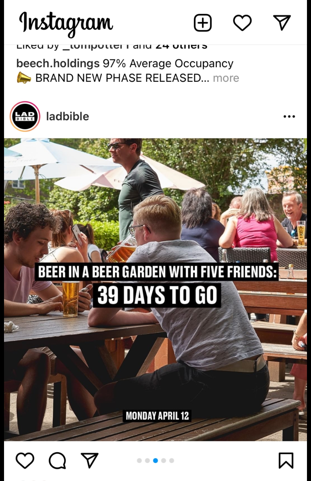 A screenshot of LADbible instagram post - A photo of a pub with the text - Beer in a beer garden with five friends: 39 days to go
