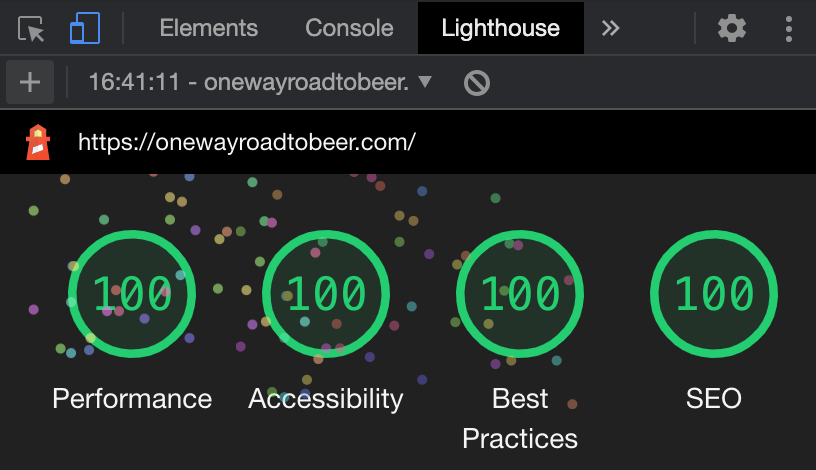 A screenshot of perfect 100 scores in lighthouse for Performance, Accessibility, Best Practices and SEO