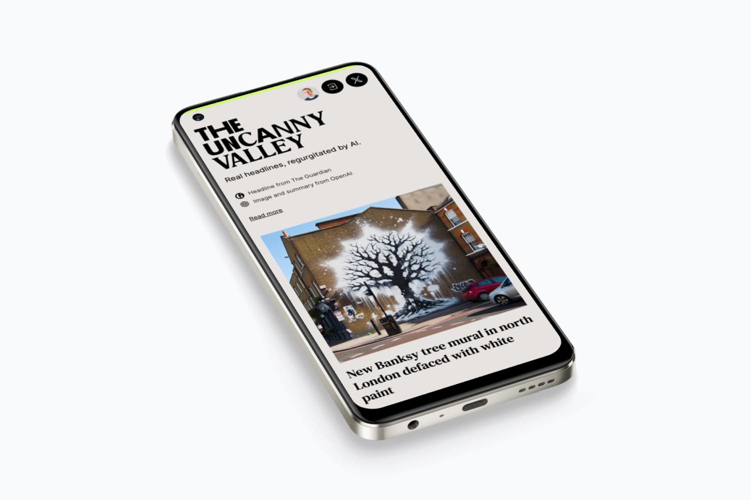 A screenshot of The Uncanny Valley shown on a mobile phone